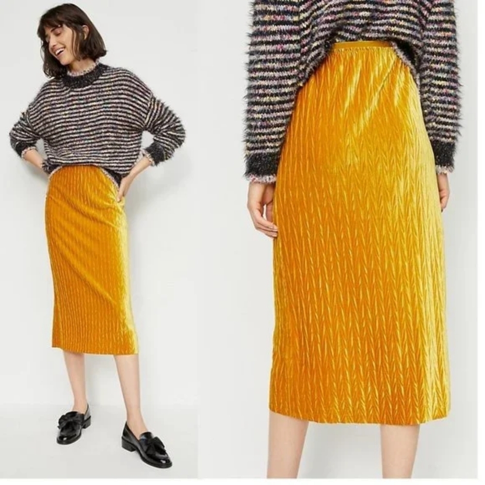 Maeve Anthropologie Tilda Pleated Velvet Midi Skirt Size Medium Mustard Yellow